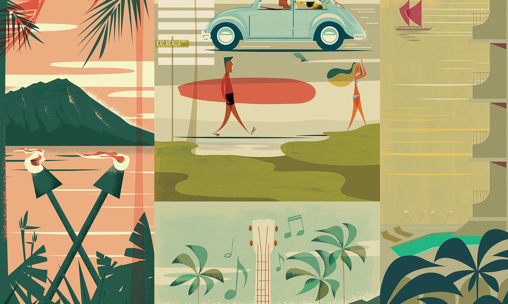Nick Kuchar Vintage Hawaii Surf Illustration