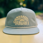Light blue cap with 'Hawaii' logo on a blurred natural background