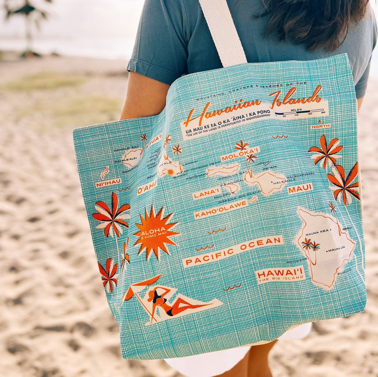 Wearing the Hawaiian Islands map cotton canvas tote - Nick Kuchar Shop