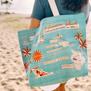 Wearing the Hawaiian Islands map cotton canvas tote - Nick Kuchar Shop