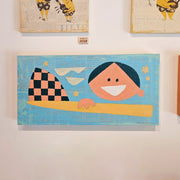 aqua surfing child and newspaper mixed media art original