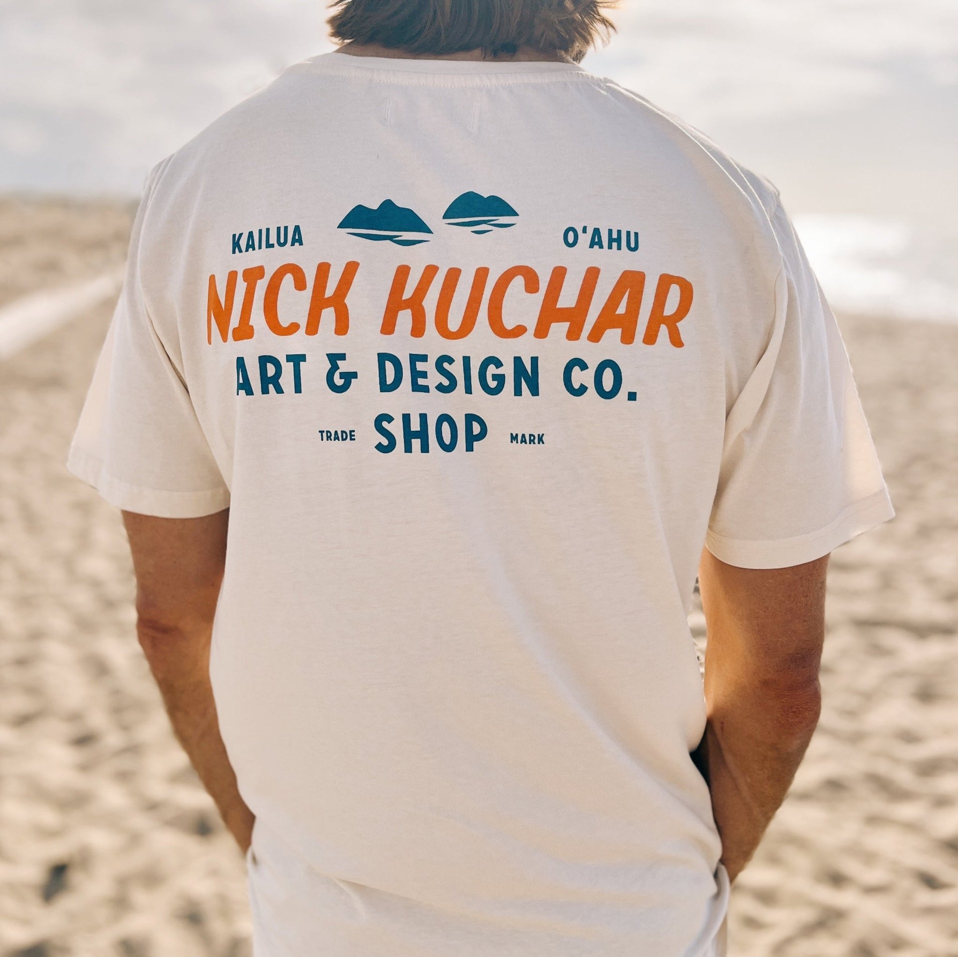 Kailua Hawaii Nick Kuchar Shop Tee Shirt with Sailing Canoe and Mokulua Islands