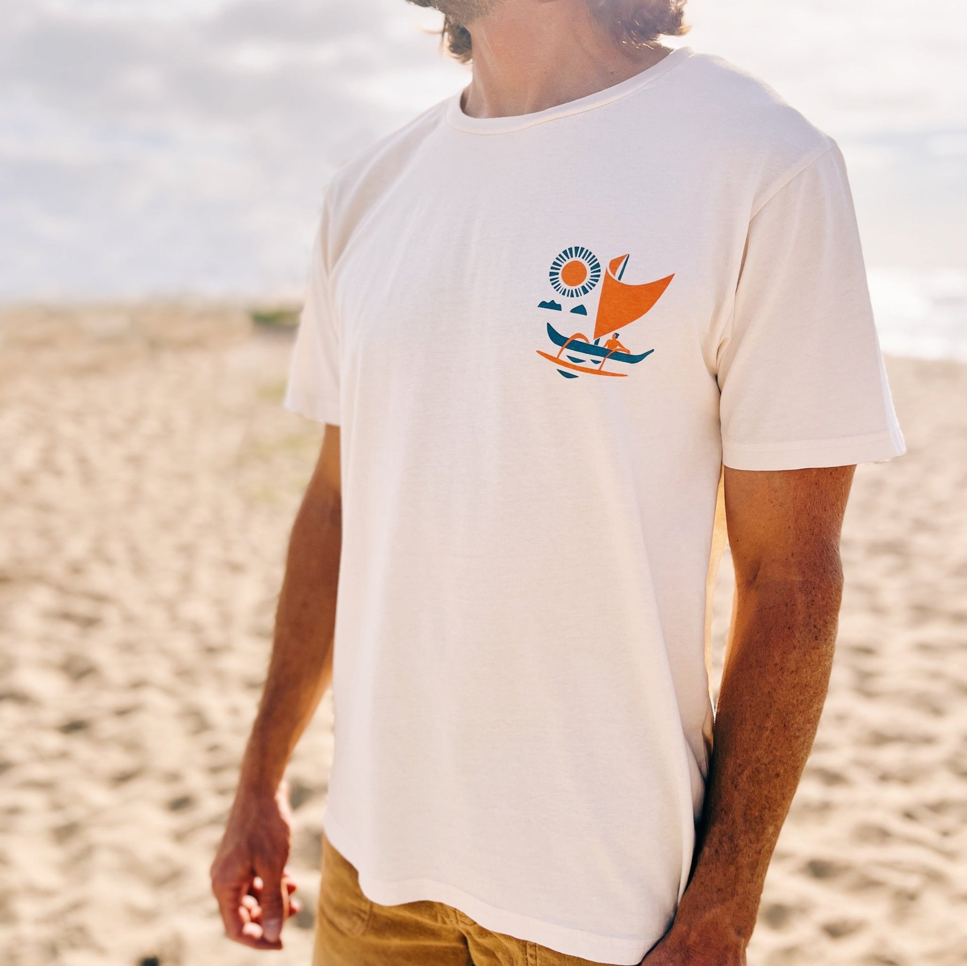 Kailua Hawaii Nick Kuchar Shop Tee Shirt with Sailing Canoe and Mokulua Islands