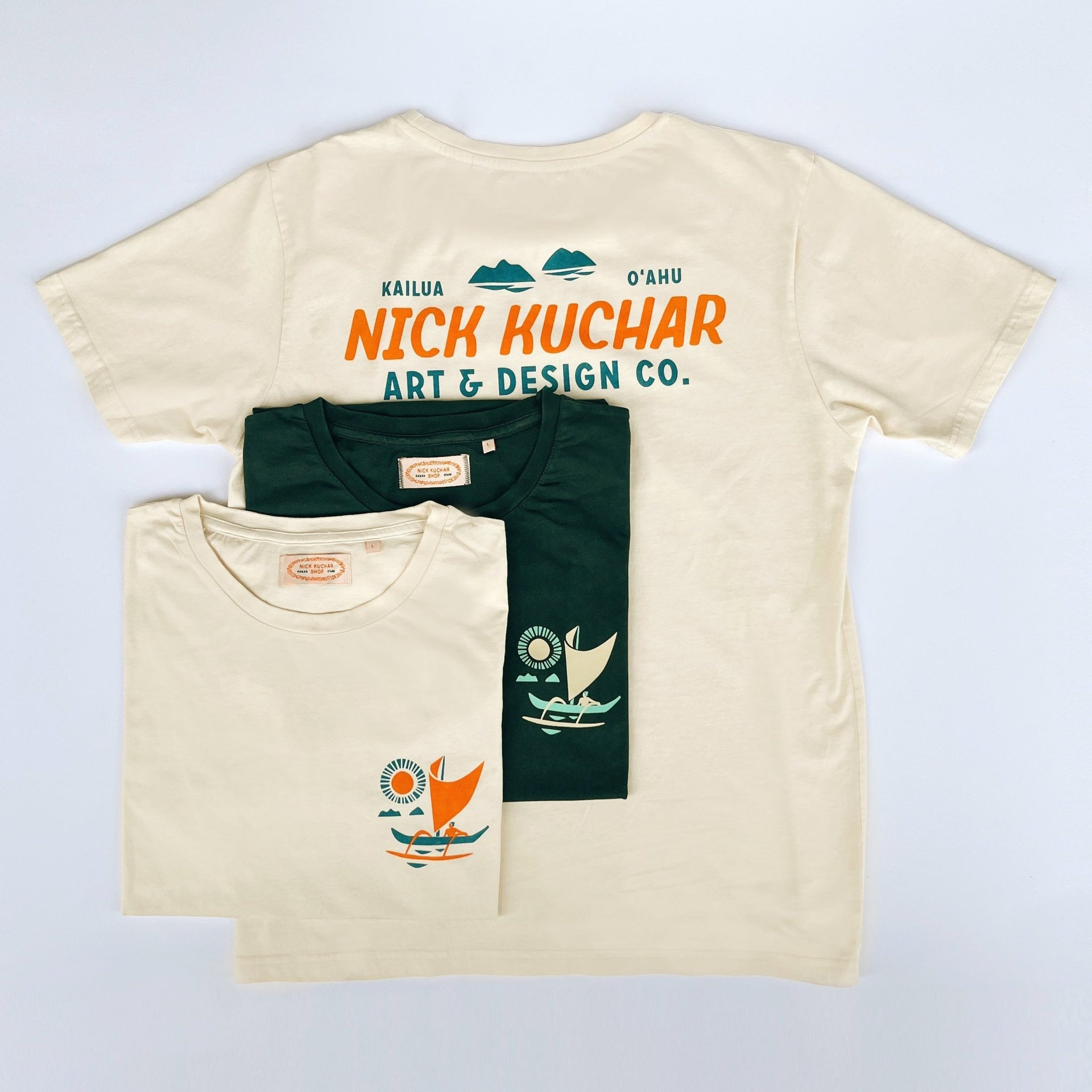Kailua Hawaii Nick Kuchar Shop Tee Shirt with Sailing Canoe and Mokulua Islands