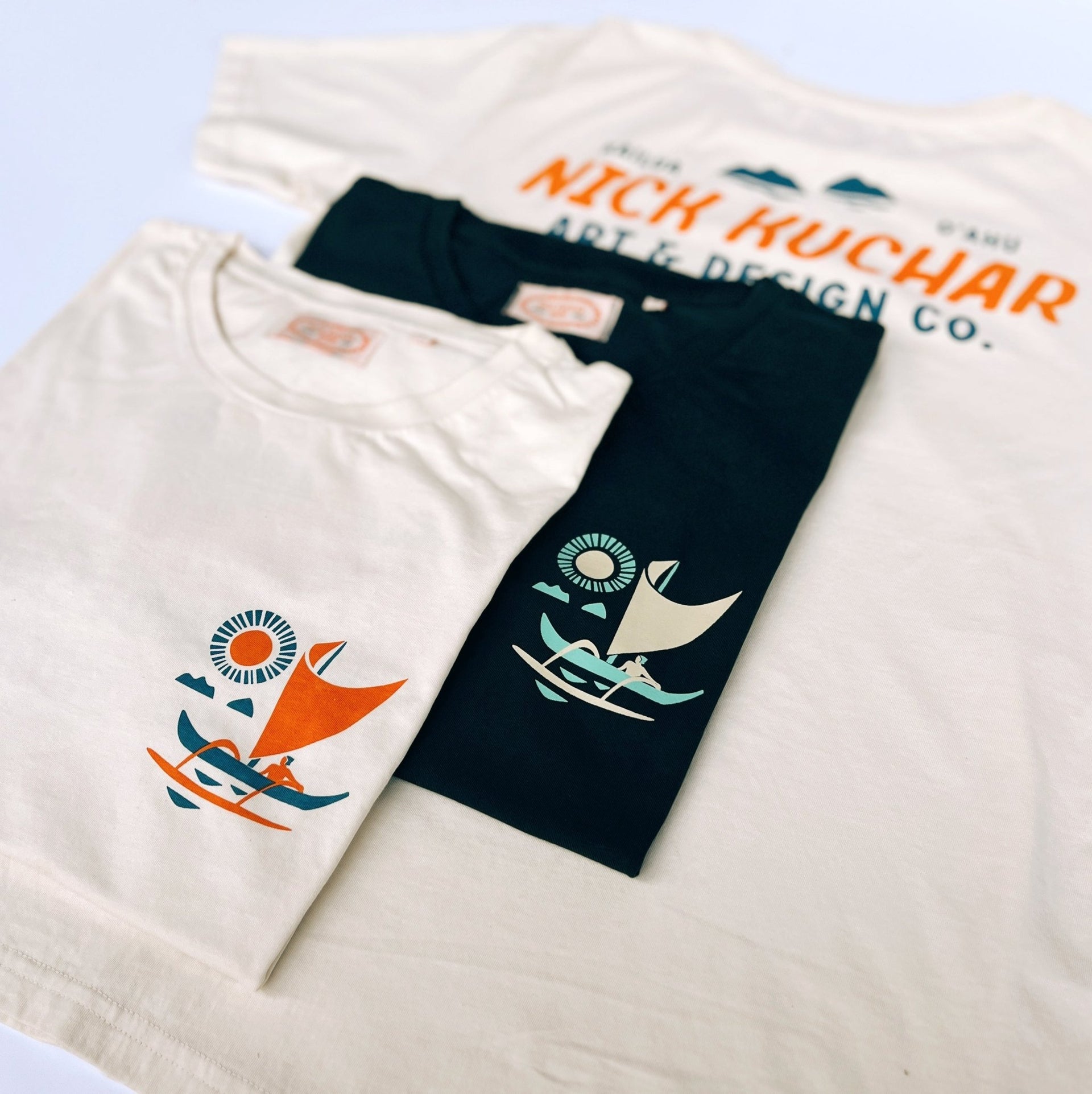 Kailua Hawaii Nick Kuchar Shop Tee Shirt with Sailing Canoe and Mokulua Islands