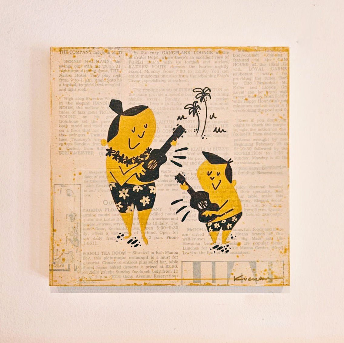 family playing ukulele art original by nick kuchar yellow