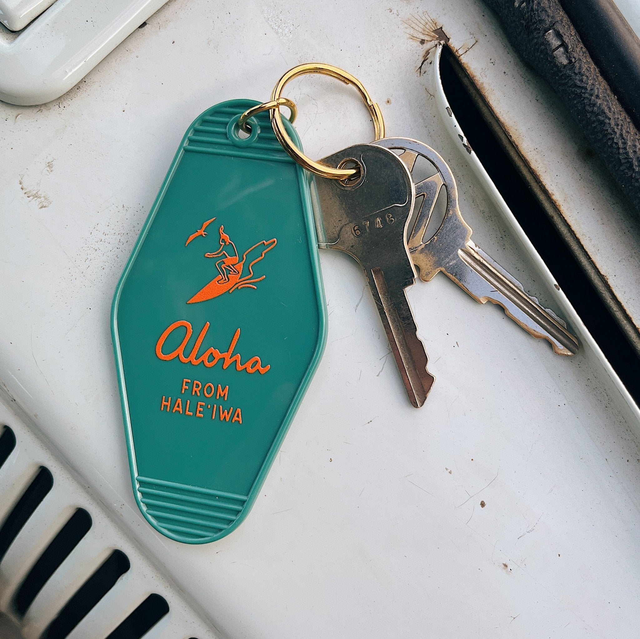 Aloha From Haleiwa Teal Green Motel Keychain