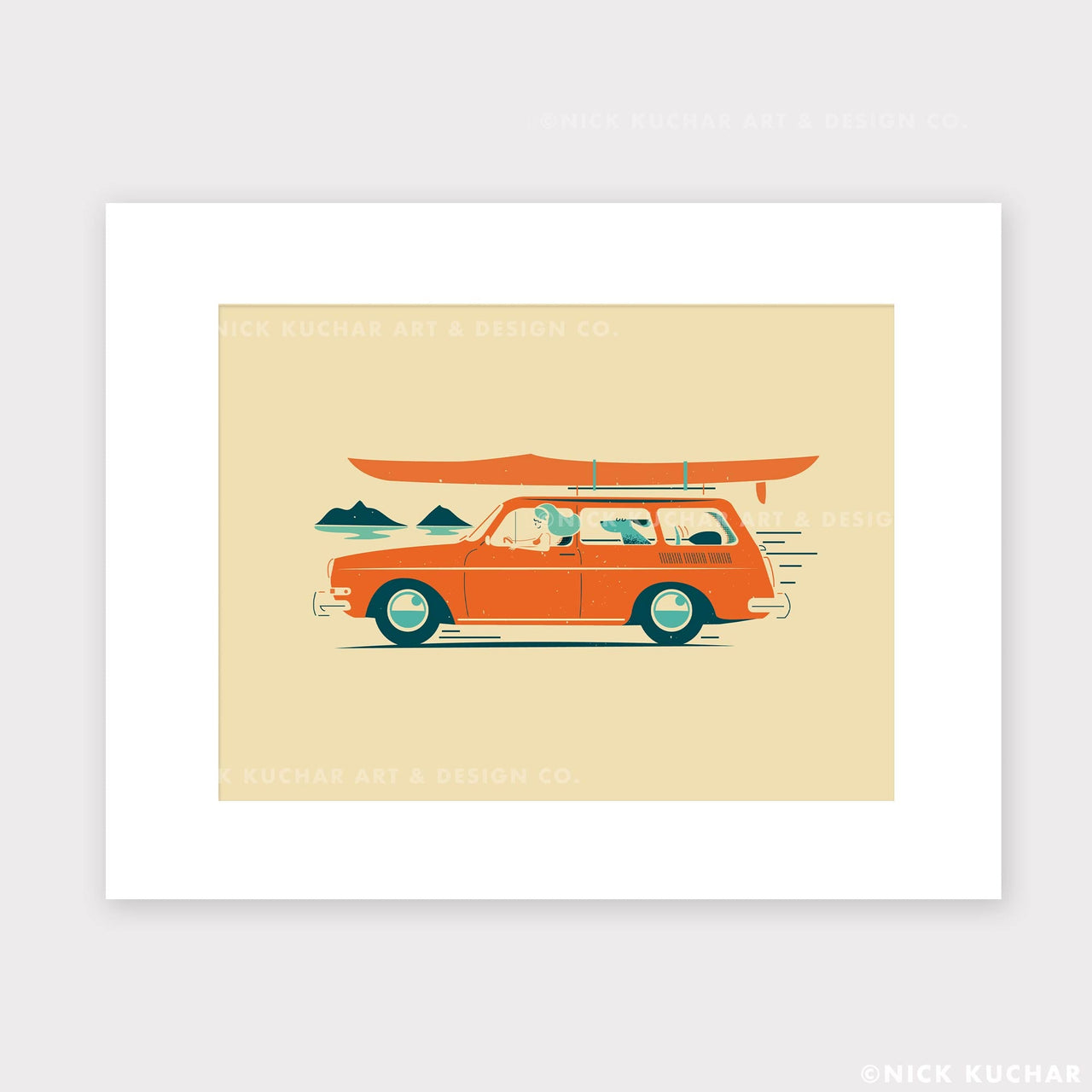 Canoe Wahine Hawaii Paddling Screen Print with vintage car by Nick Kuchar Shop