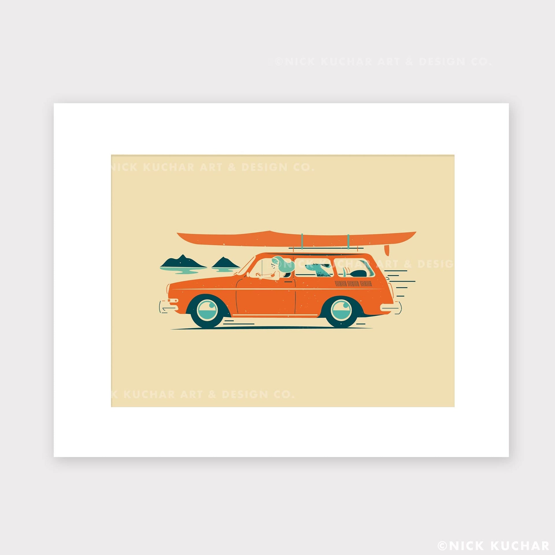 Canoe Wahine Hawaii Paddling Screen Print with vintage car by Nick Kuchar Shop