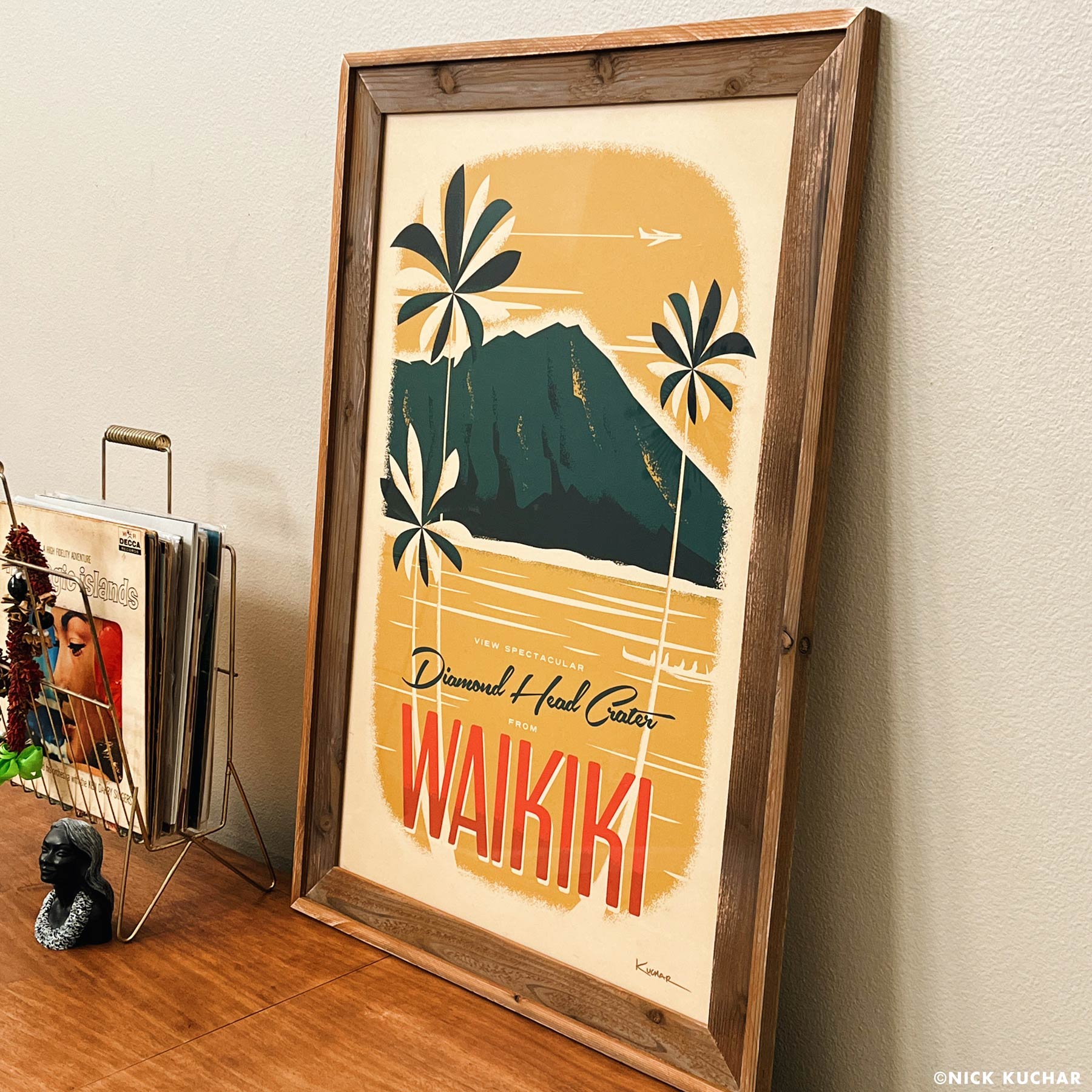 Fine art giclee print barnwood handmade frame diamond head Oahu by Nick Kuchar