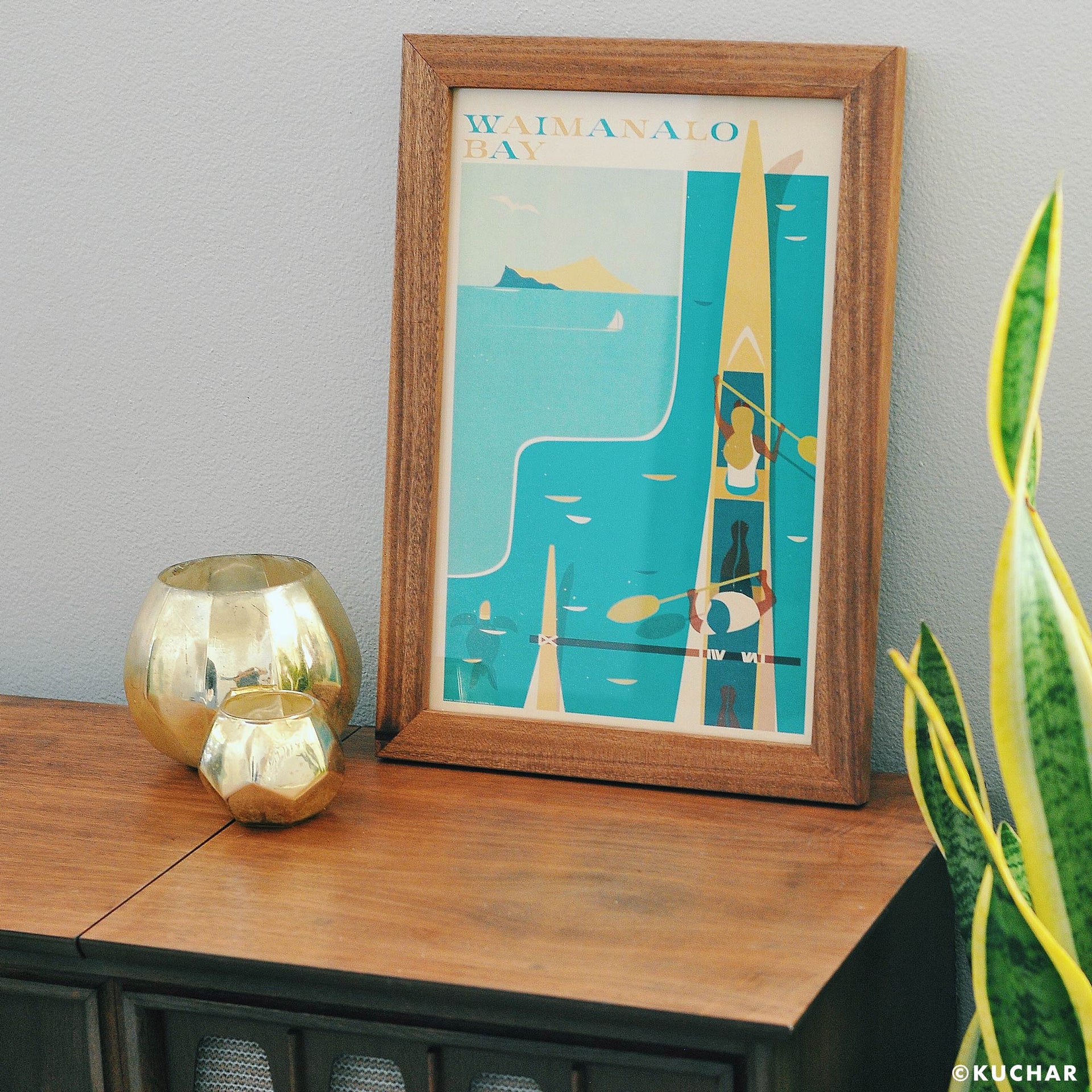 Monkeypod handmade frame Waimanalo Bay Oahu Print by Nick Kuchar