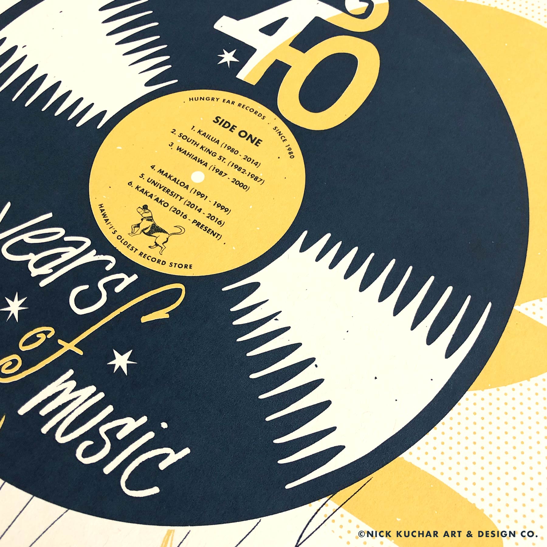 Hungry Ear records vinyl 40th anniversary limited edition screen print by Nick Kuchar