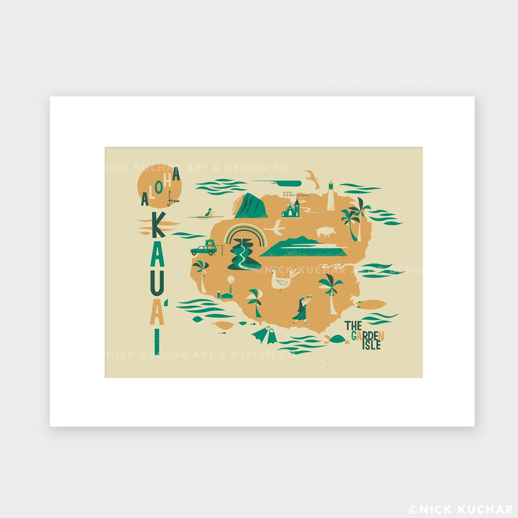 Kauai Map Hawaii Matted Screen Print