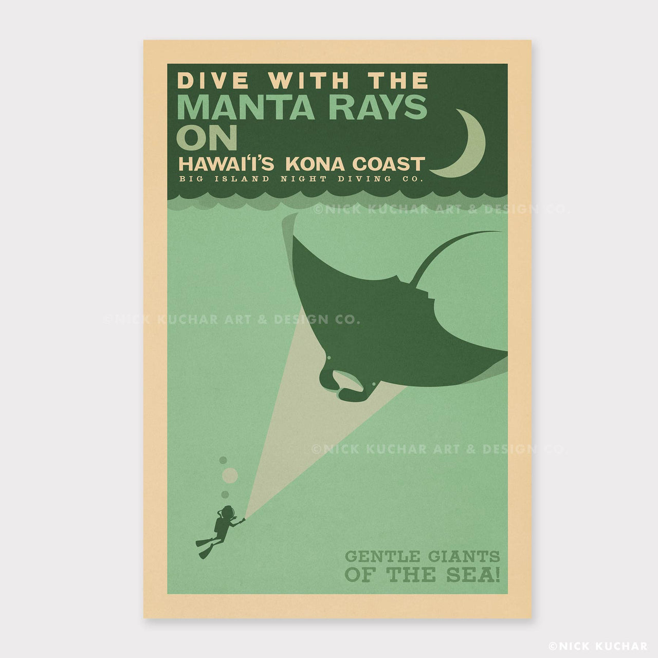 Kona Manta Rays Hawaii Retro Travel Print