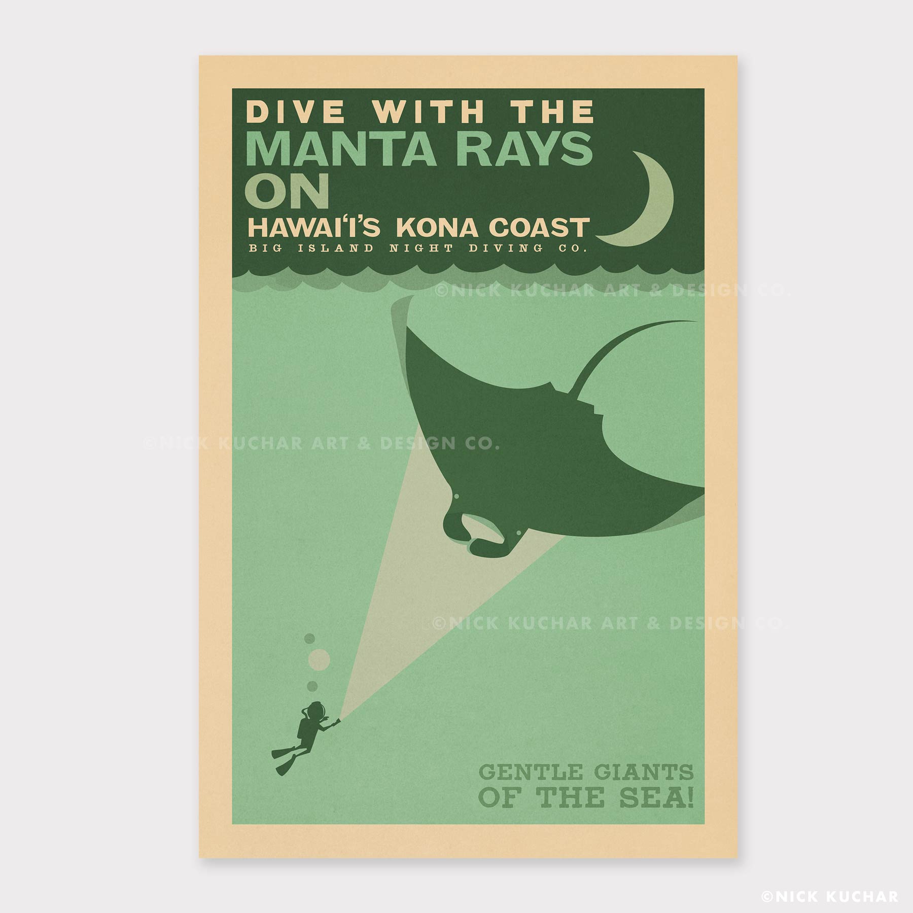 Kona Manta Rays Hawaii Retro Travel Print