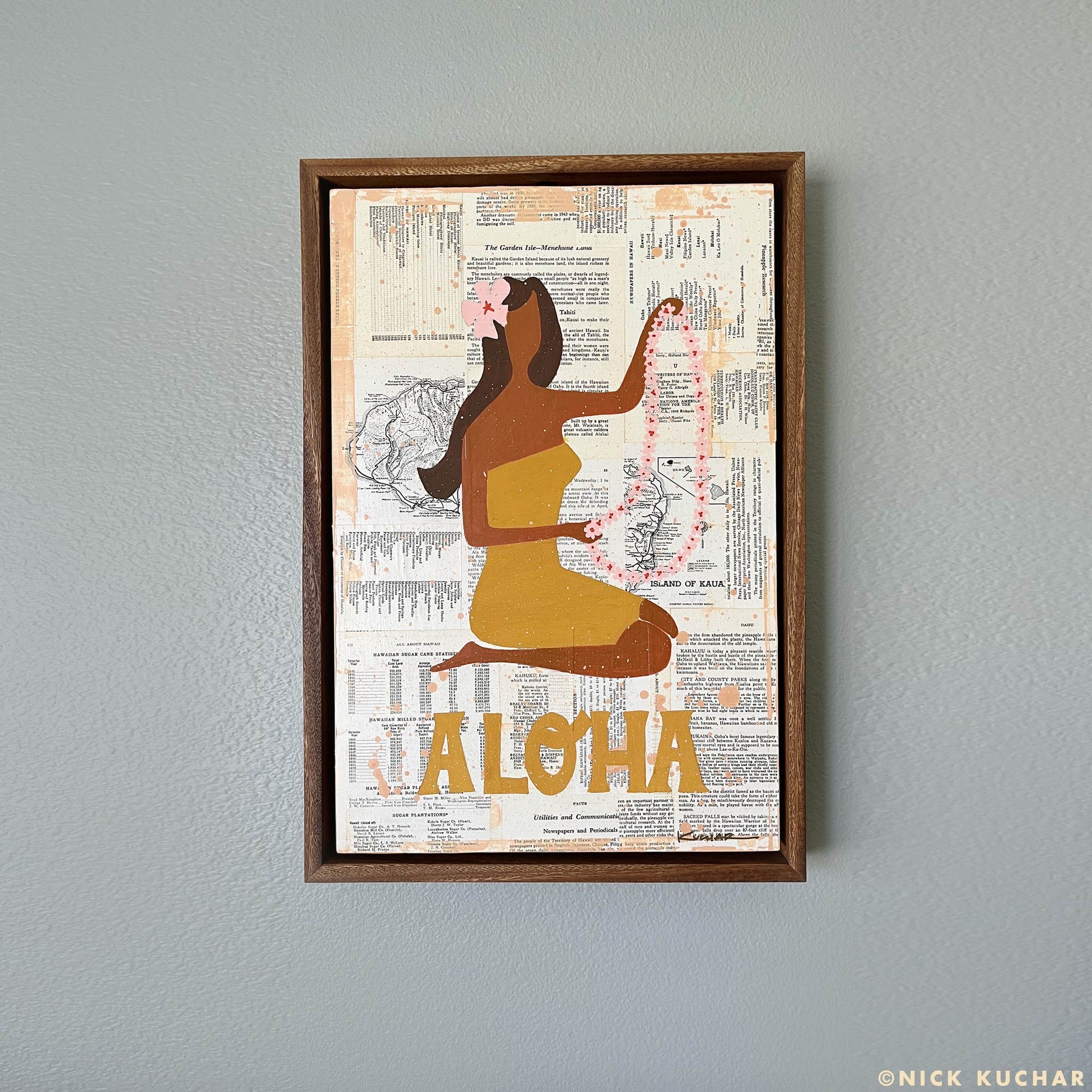 Make Lei original mixed media painting handmade monkeypod floating frame by Nick Kuchar