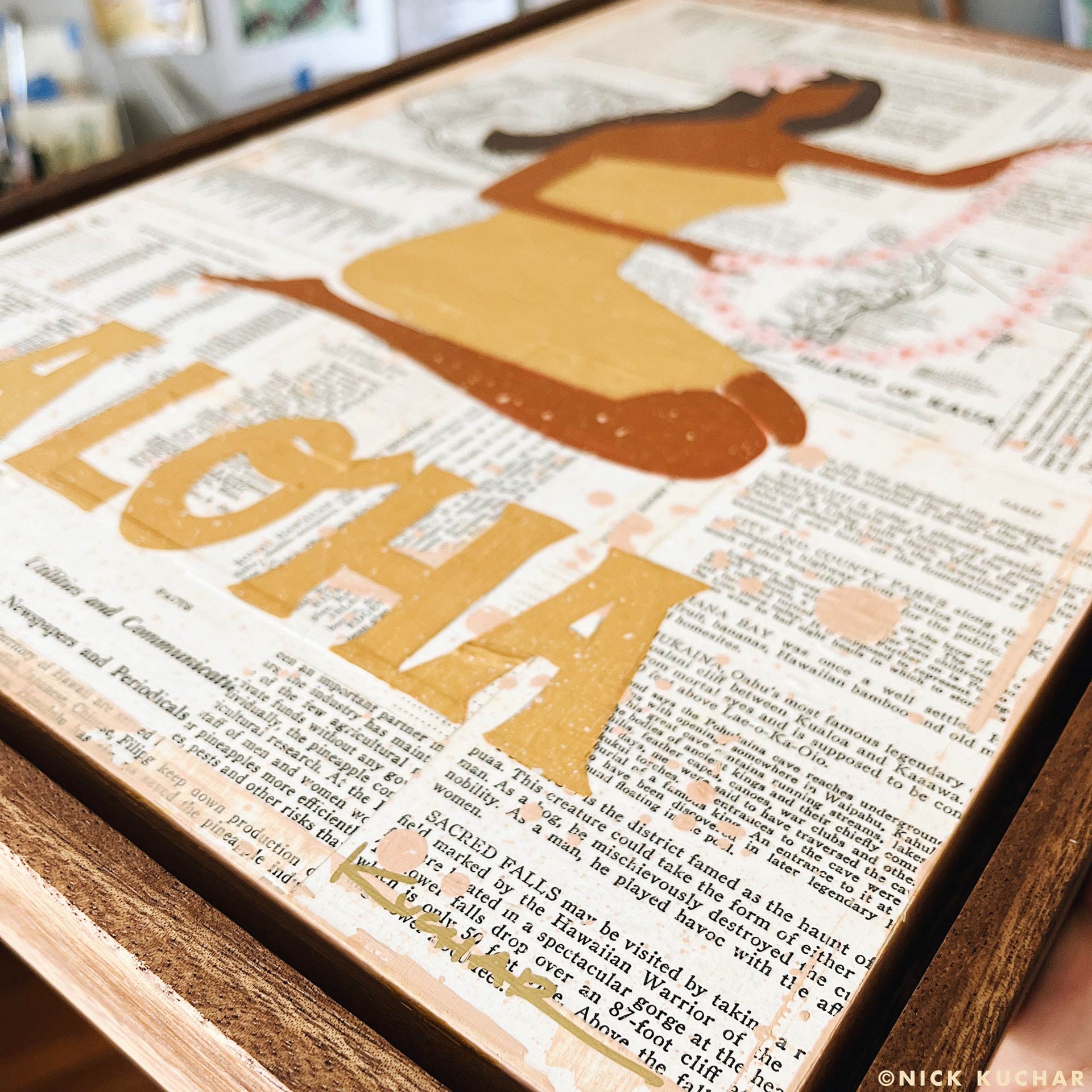 Make Lei original mixed media painting handmade monkeypod floating frame by Nick Kuchar