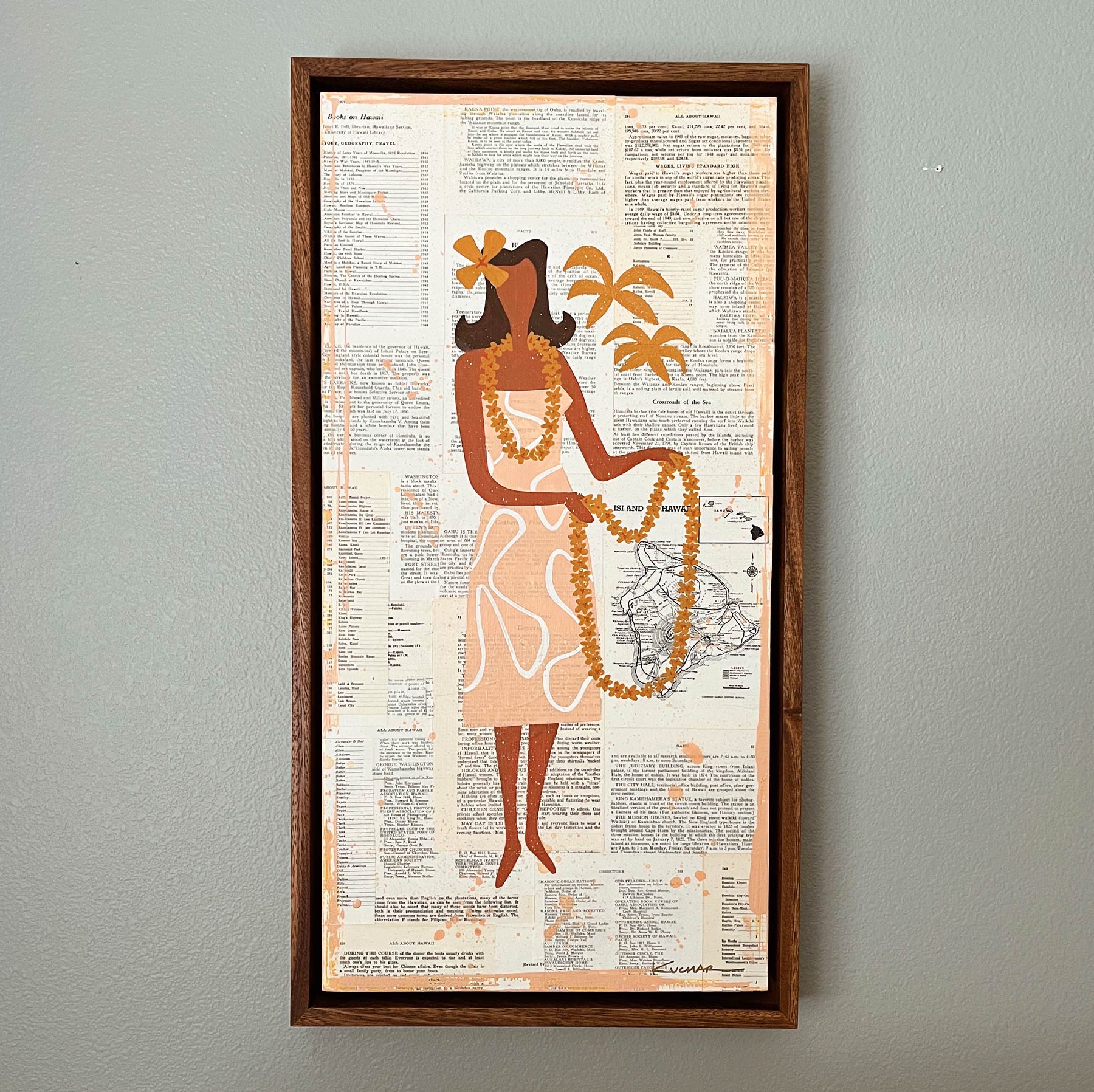 Make Lei original mixed media painting handmade monkeypod floating frame by Nick Kuchar