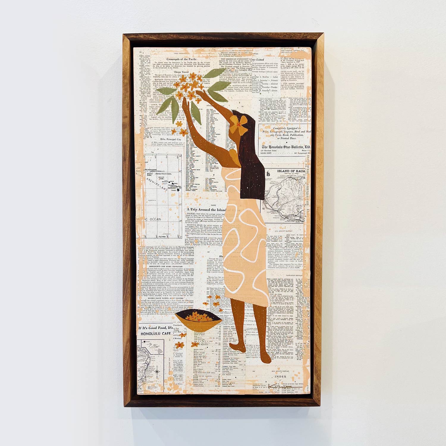 Make Lei original mixed media painting handmade monkeypod floating frame by Nick Kuchar