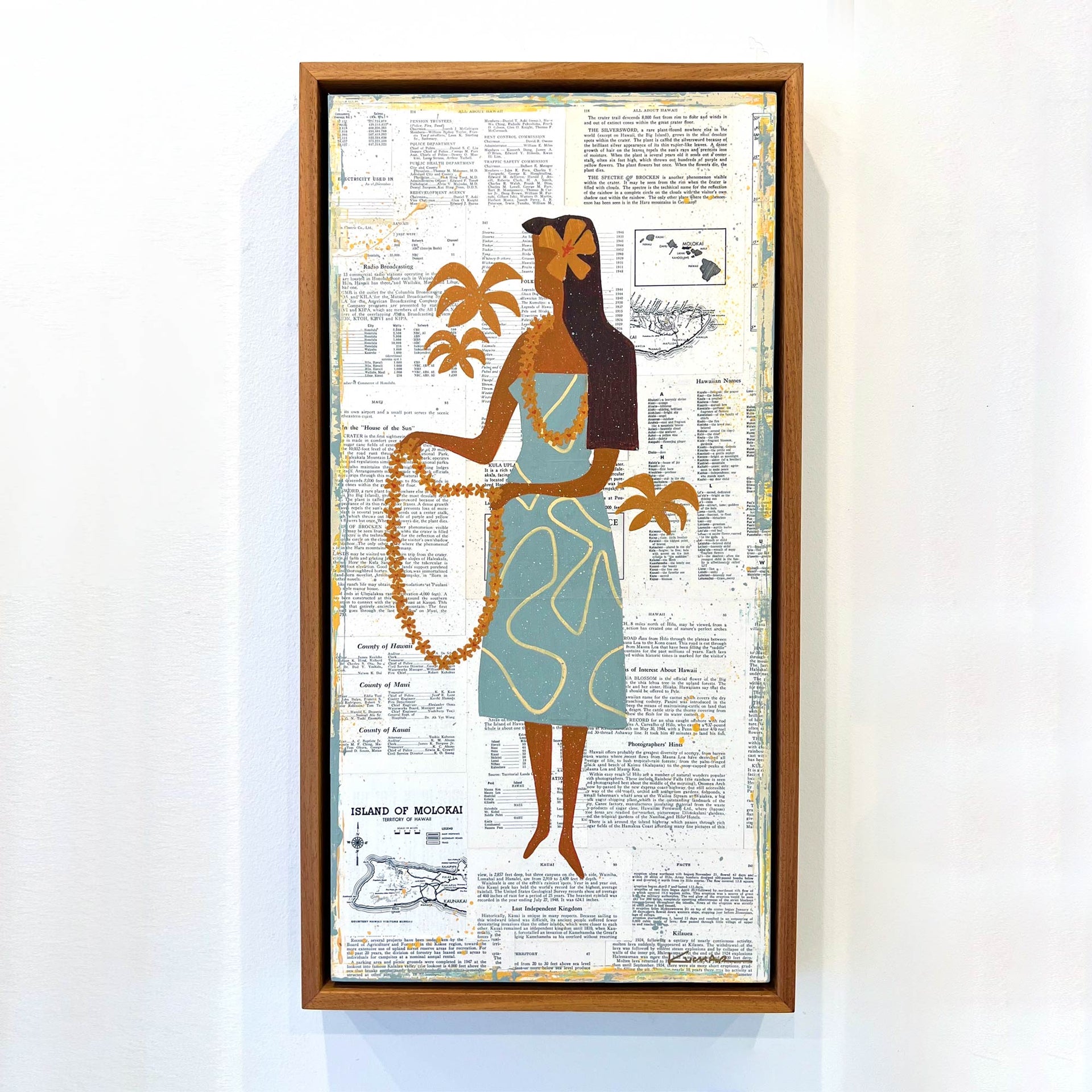 Make Lei original mixed media painting handmade monkeypod floating frame by Nick Kuchar