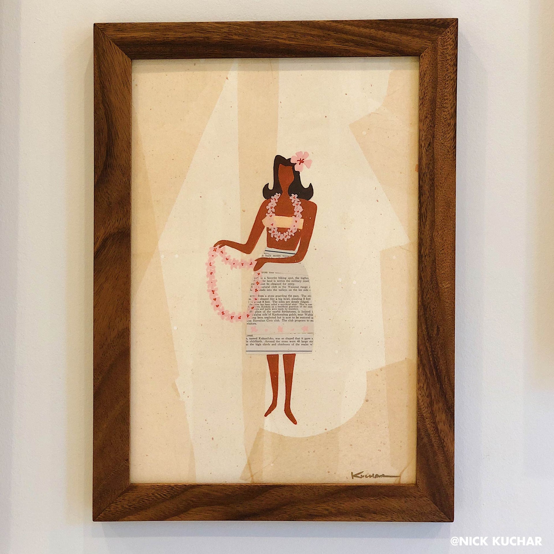 Make Lei original mixed media painting handmade monkeypod floating frame by Nick Kuchar