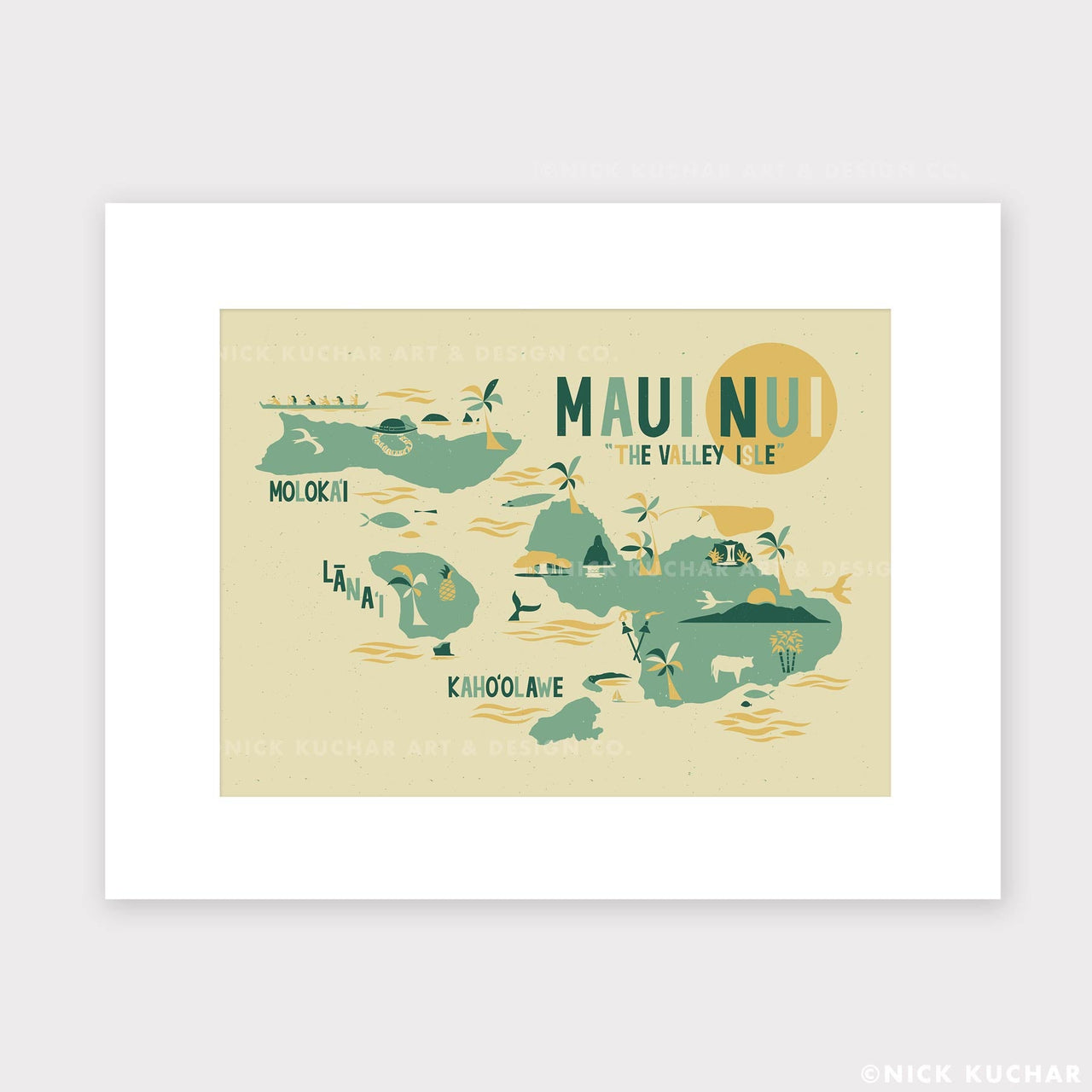 Maui Map Hawaii Matted Screen Print