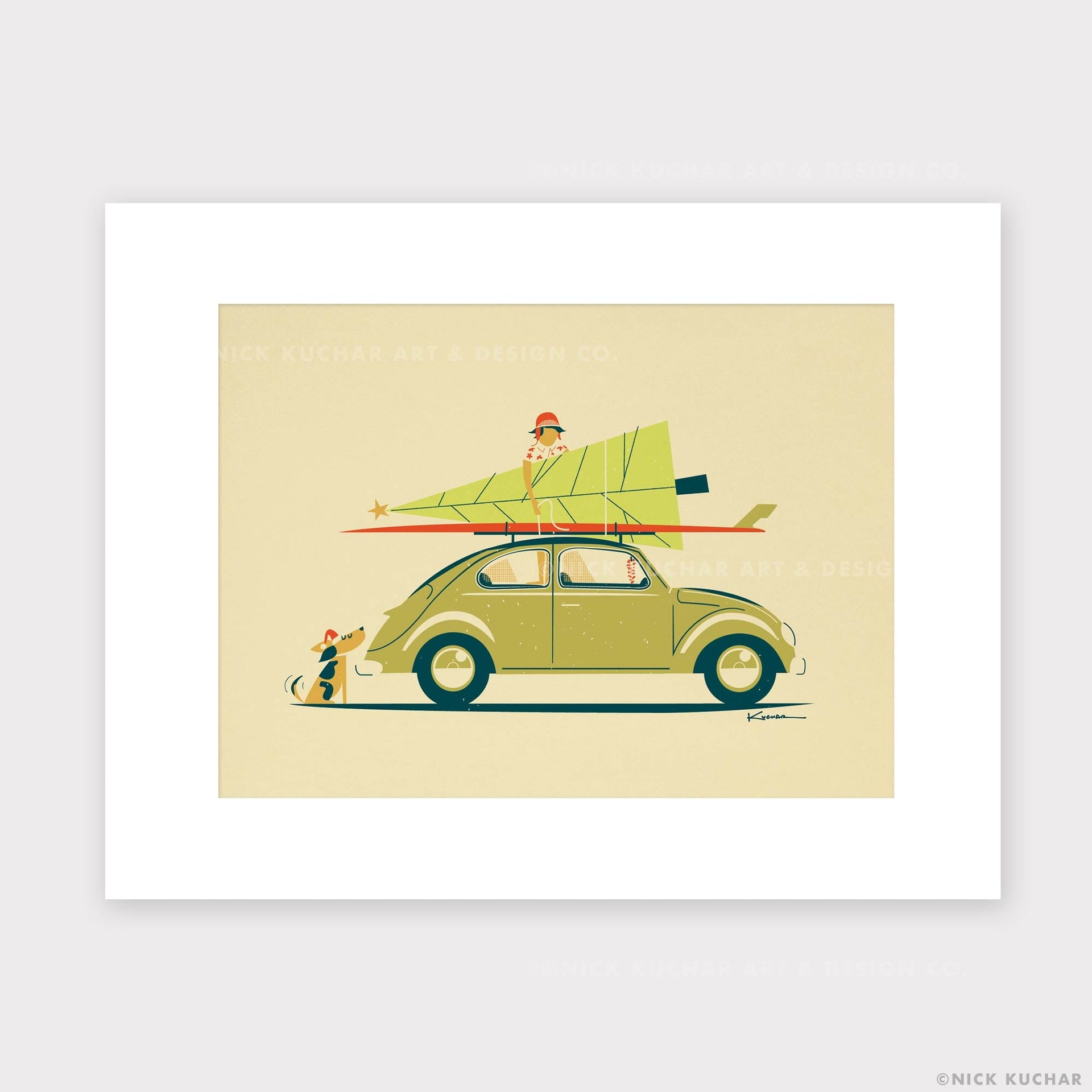 Mele Kalikimaka Christmas Tree and VW Beetle Hawaii Surf Matted Art Print - Nick Kuchar Shop