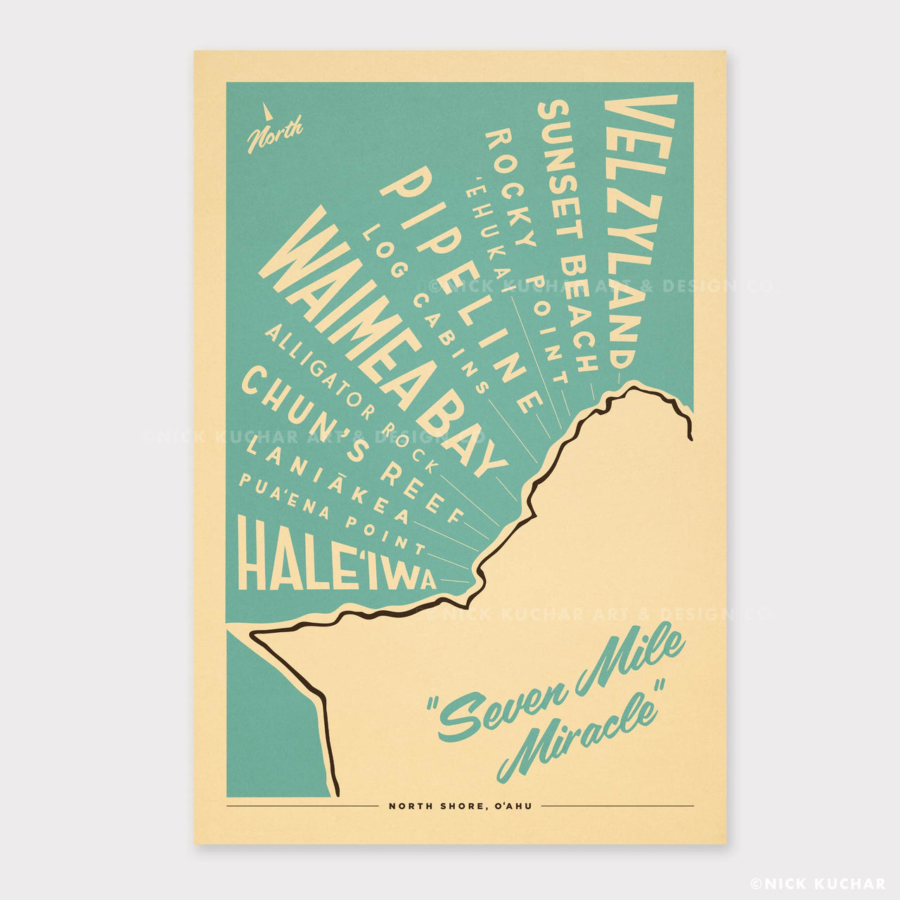 North Shore Oahu Surf Map Retro Hawaii Travel Print