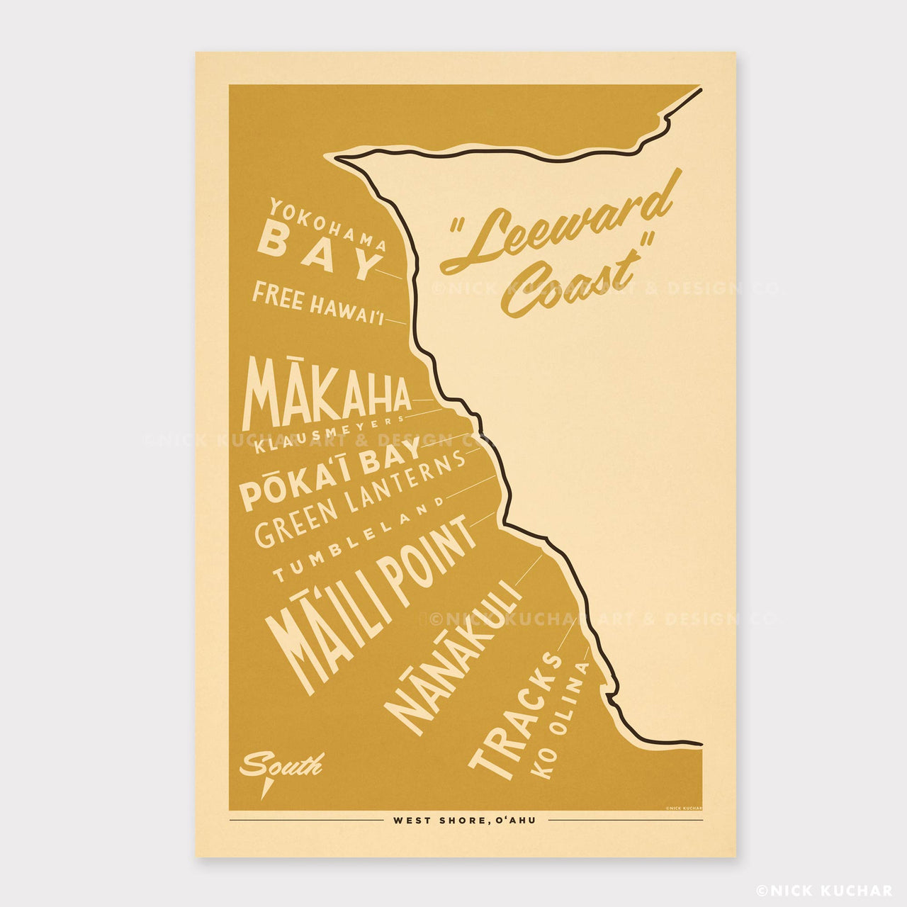 Leeward Coast Oahu Surf Map Retro Hawaii Travel Print