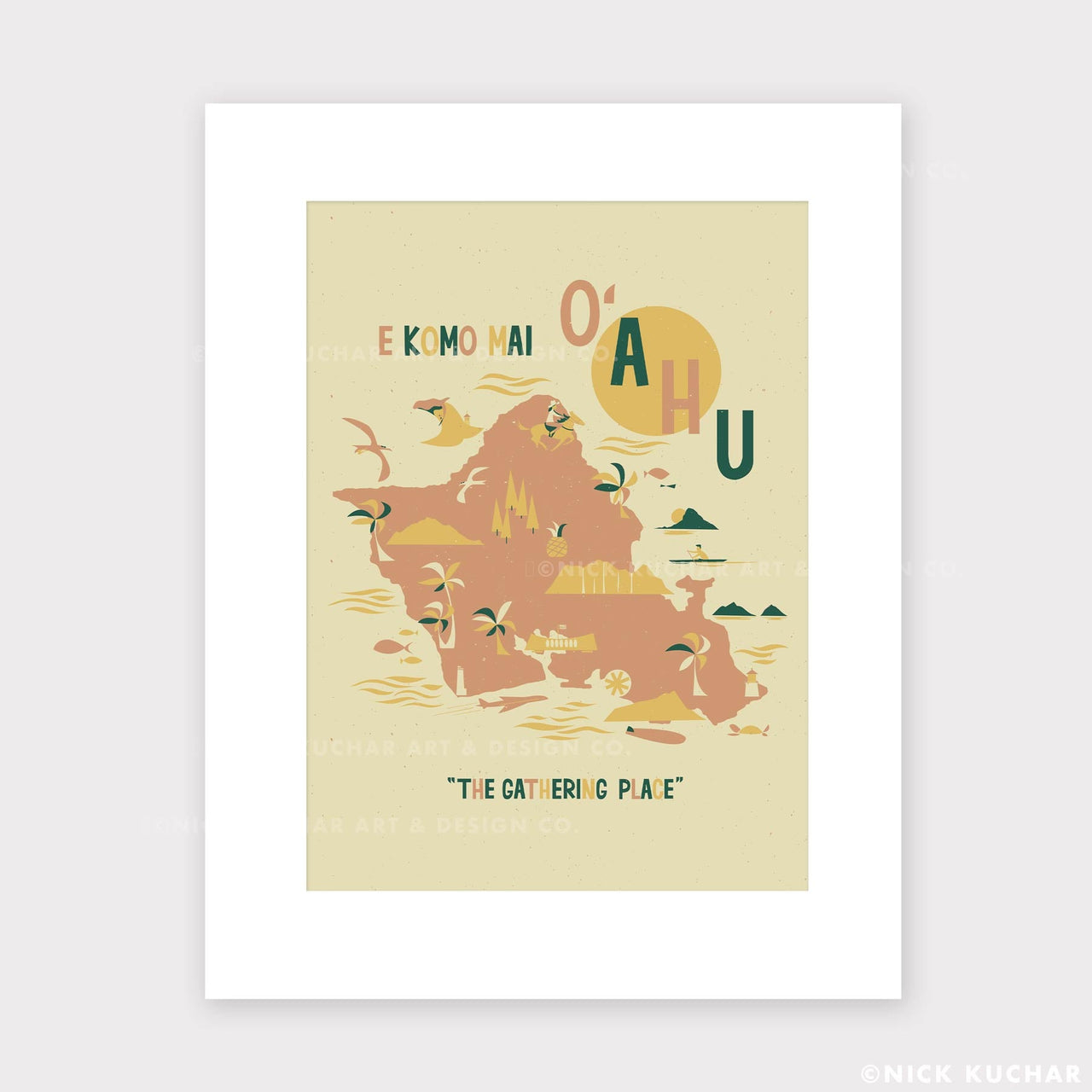 Vibrant Oahu map print, featuring key landmarks and scenic details in a stylish, modern design—perfect for home decor.