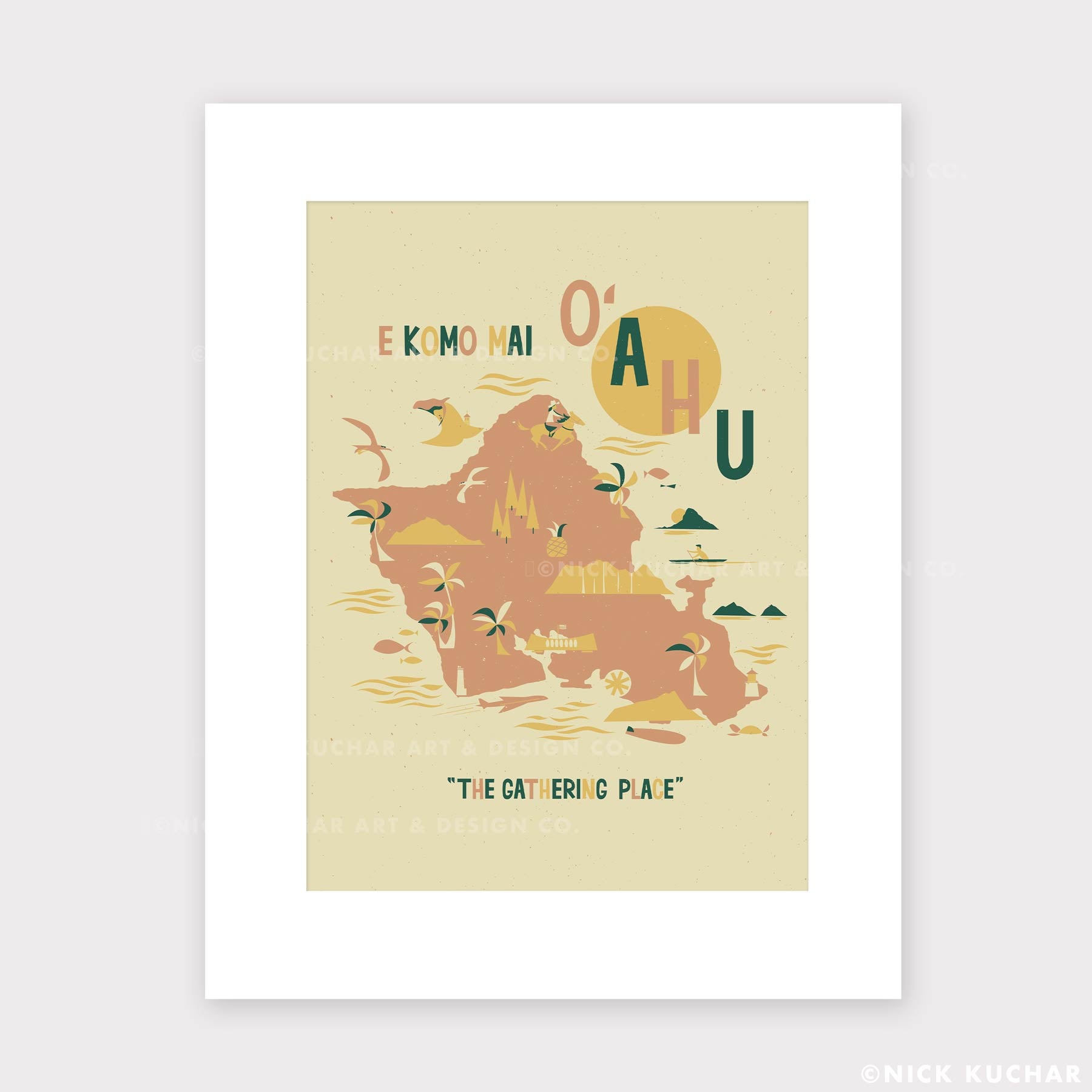 Vibrant Oahu map print, featuring key landmarks and scenic details in a stylish, modern design—perfect for home decor.