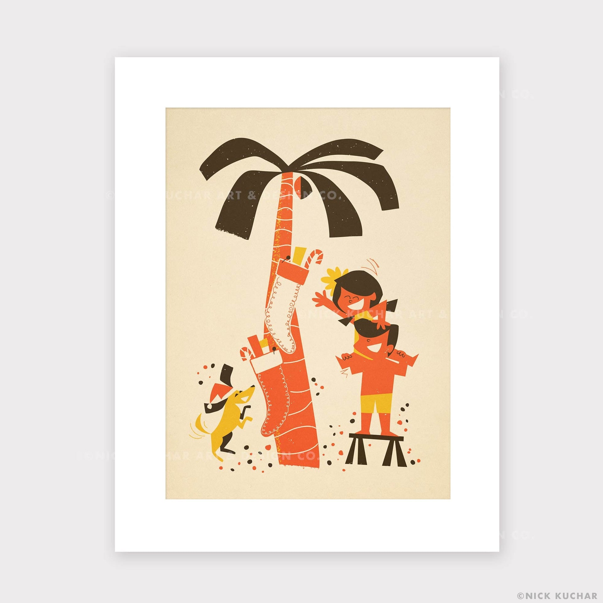 Mele Kalikimaka Hawaii Christmas Tree with kids 11x14 Matted Art Print - Nick Kuchar Shop