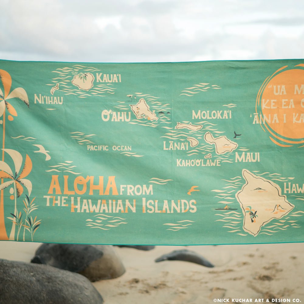 Surfer Towel Retro Hawaii Style "E Komo Mai" Microfiber Beach Towel