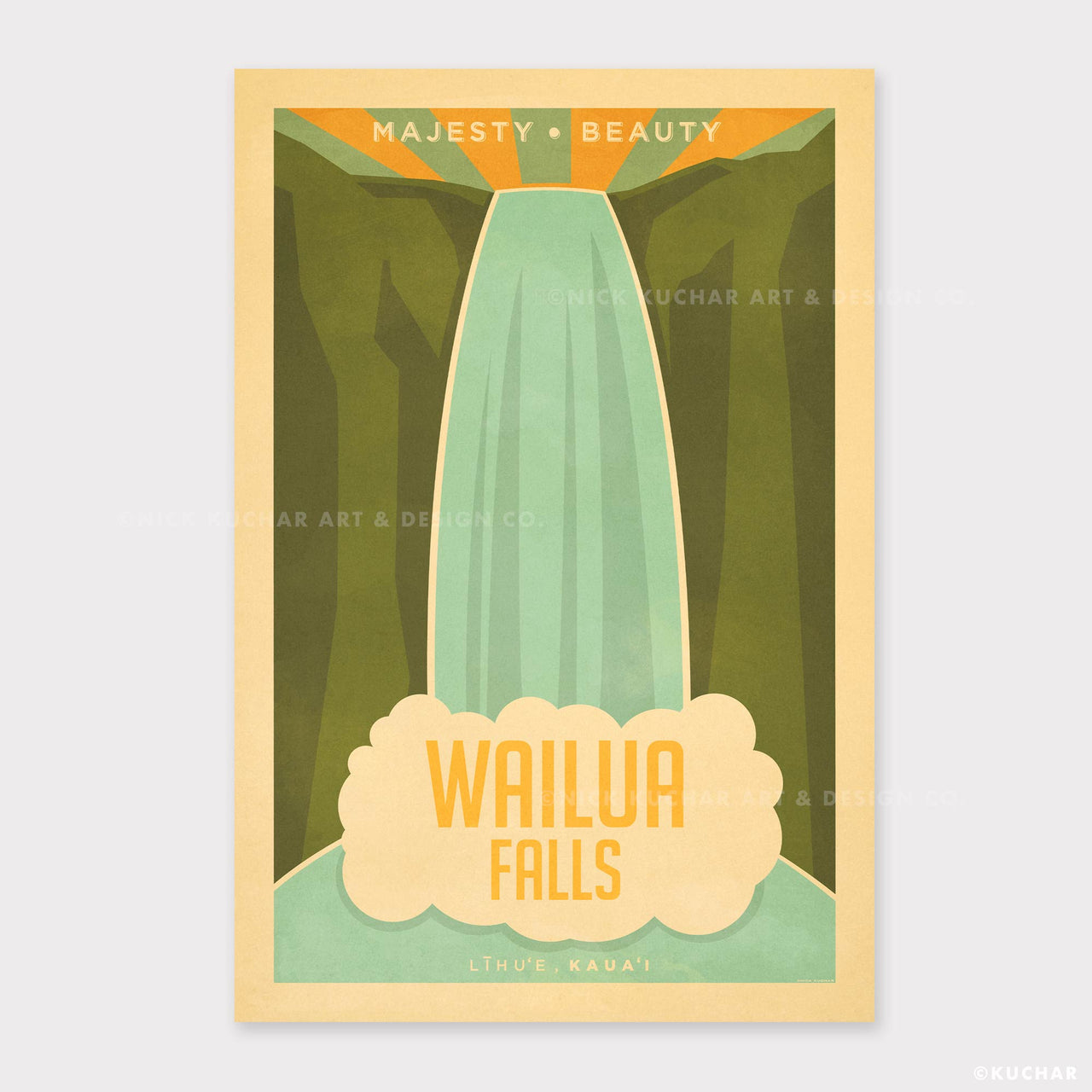 Wailua Falls Kauai Retro 12x18 Hawaii Travel Poster Print - Nick Kuchar Shop