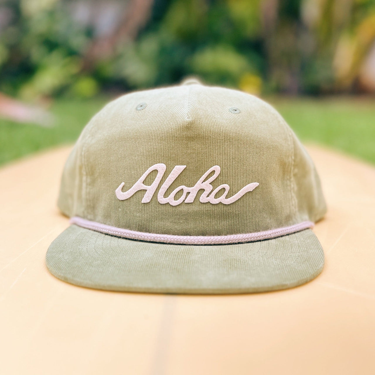 Aloha Script Snapback Corduroy Hat Olive Green- Nick Kuchar Shop