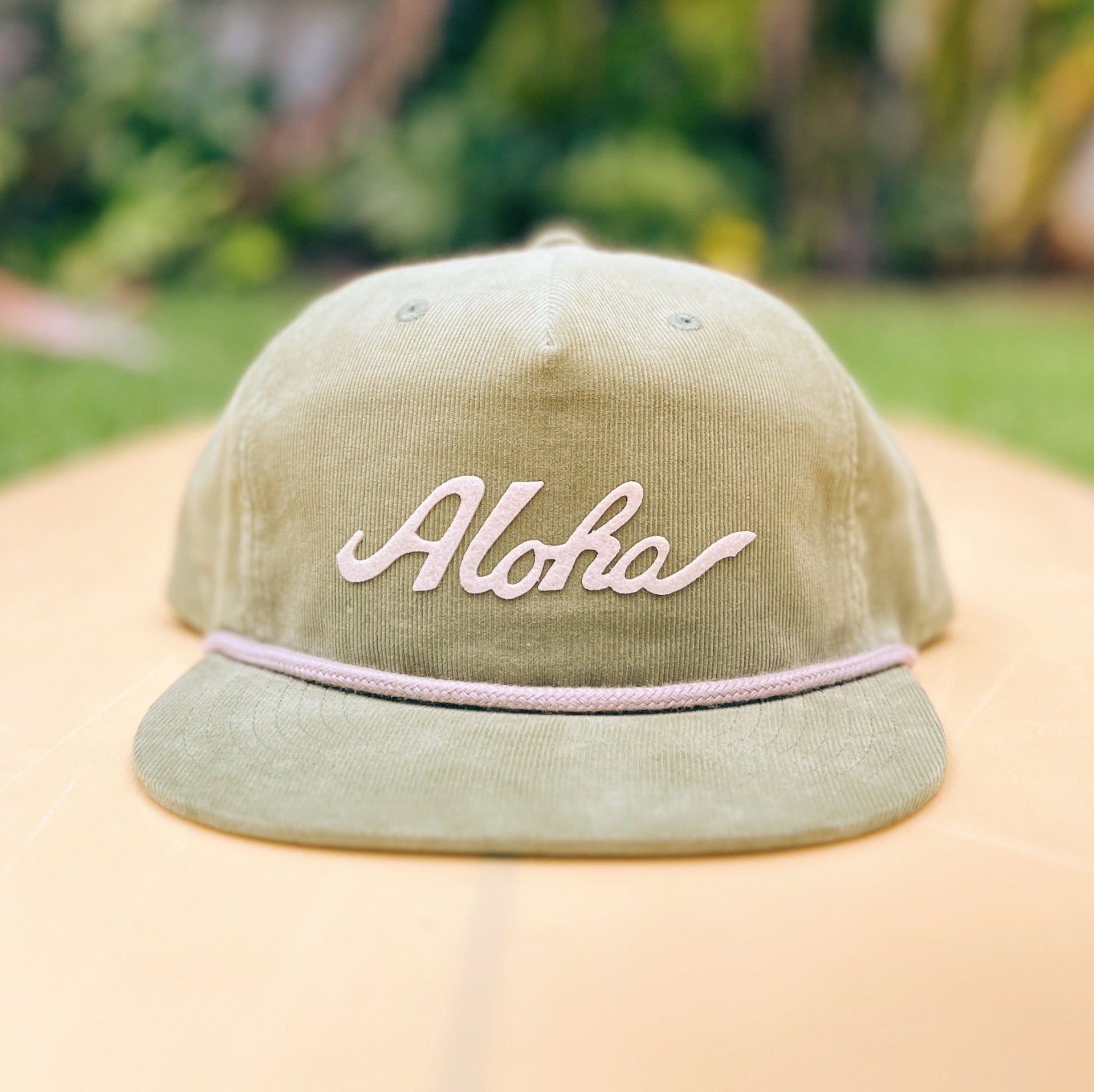 Aloha Script Snapback Corduroy Hat Olive Green- Nick Kuchar Shop