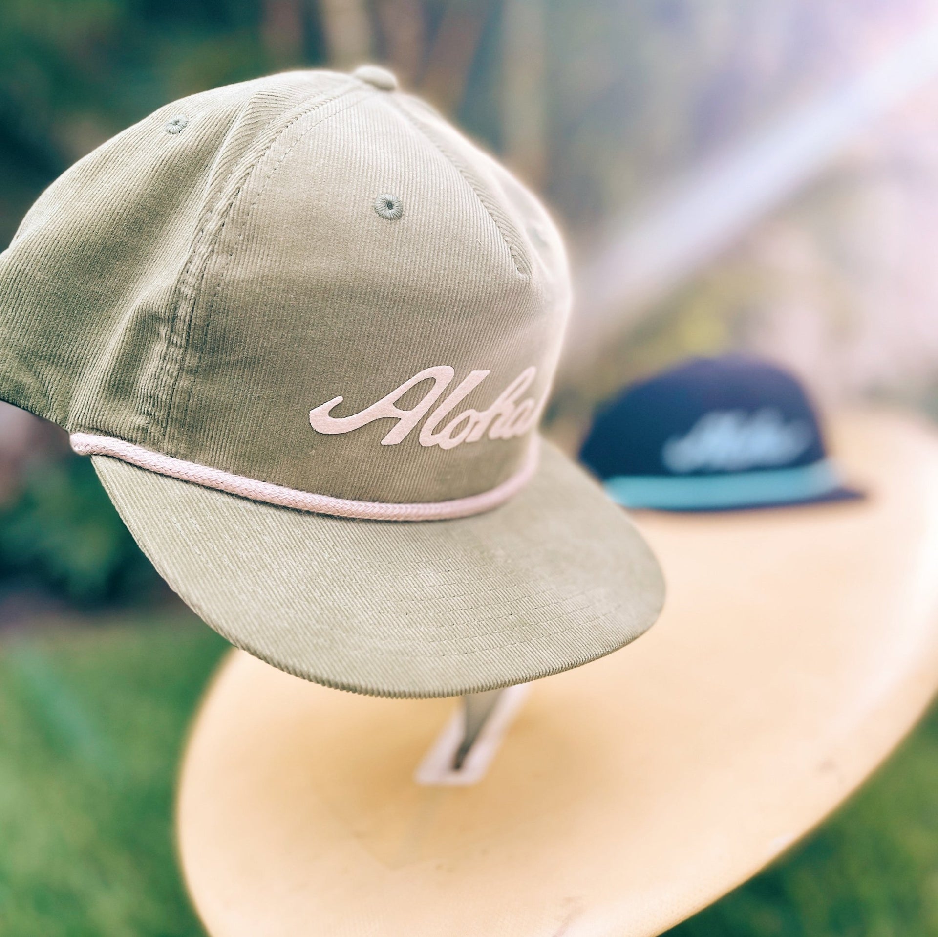 Aloha Script Snapback Corduroy Hat Olive Green- Nick Kuchar Shop