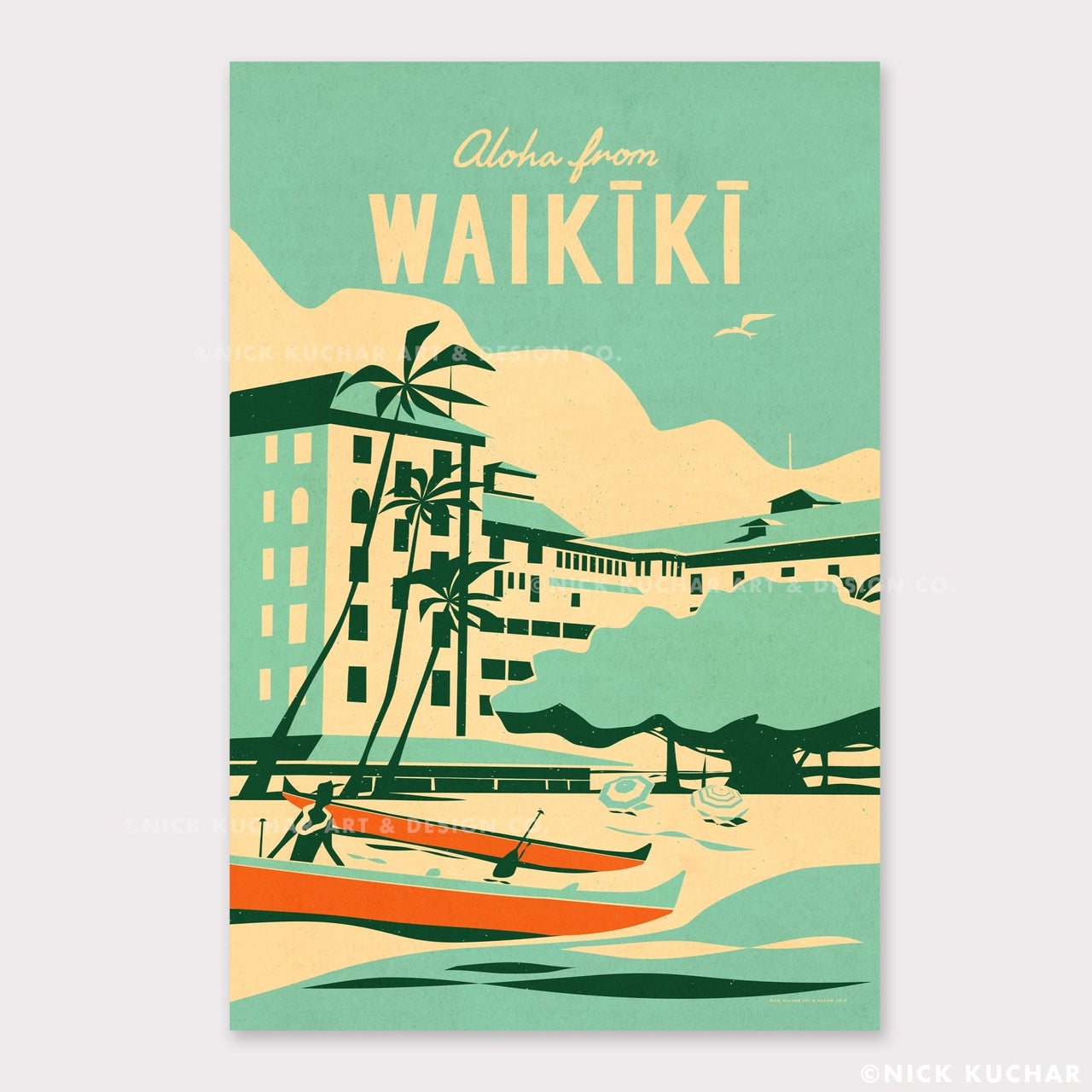 Vintage-style poster of Waikiki with palm trees, buildings, and a canoe.