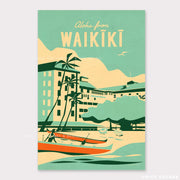 Vintage-style poster of Waikiki with palm trees, buildings, and a canoe.