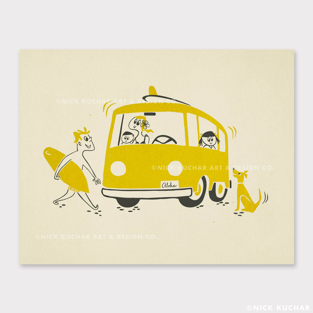 Illustration of a yellow van with people and a dog on a beige background, featuring Nick Kuchar's art and design.
