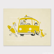 Illustration of a yellow van with people and a dog on a beige background, featuring Nick Kuchar's art and design.