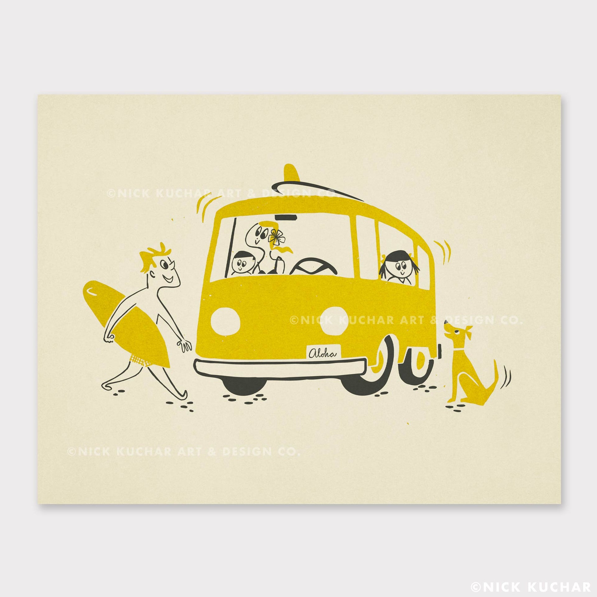 Illustration of a yellow van with people and a dog on a beige background, featuring Nick Kuchar's art and design.