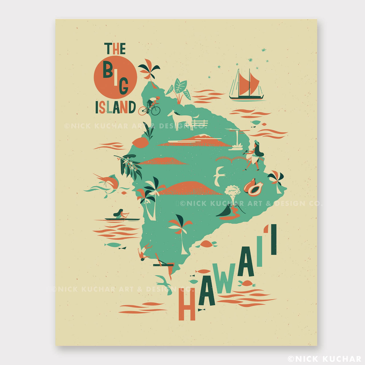 Big Island Hawaii Illustrated Map Retro Nick Kuchar