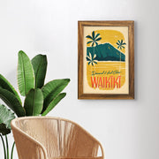 Diamond Head Crater retro Hawaii art print displayed framed on wall in coastal home