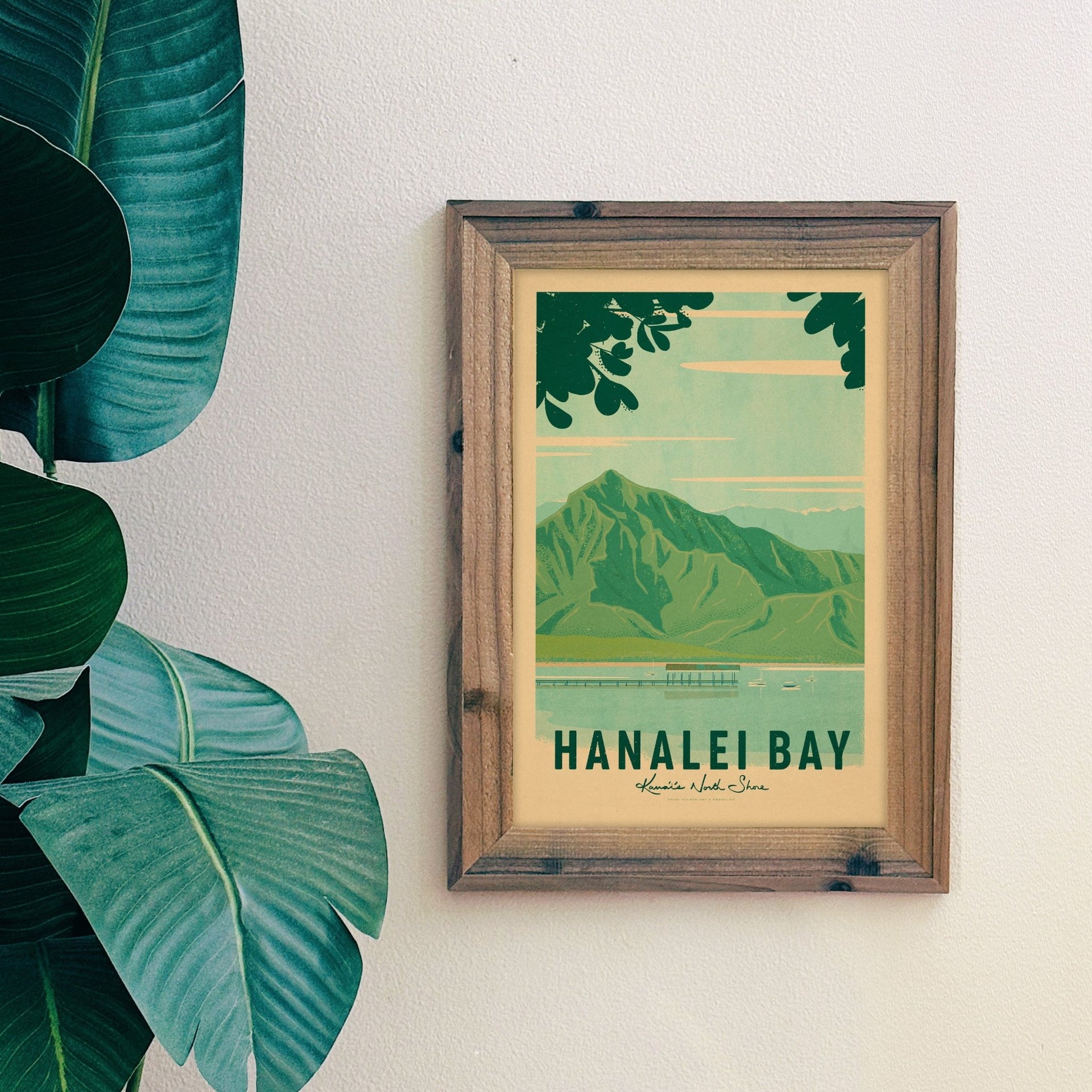 Hanalei Bay Kauai retro Hawaii art print displayed framed on wall in coastal home