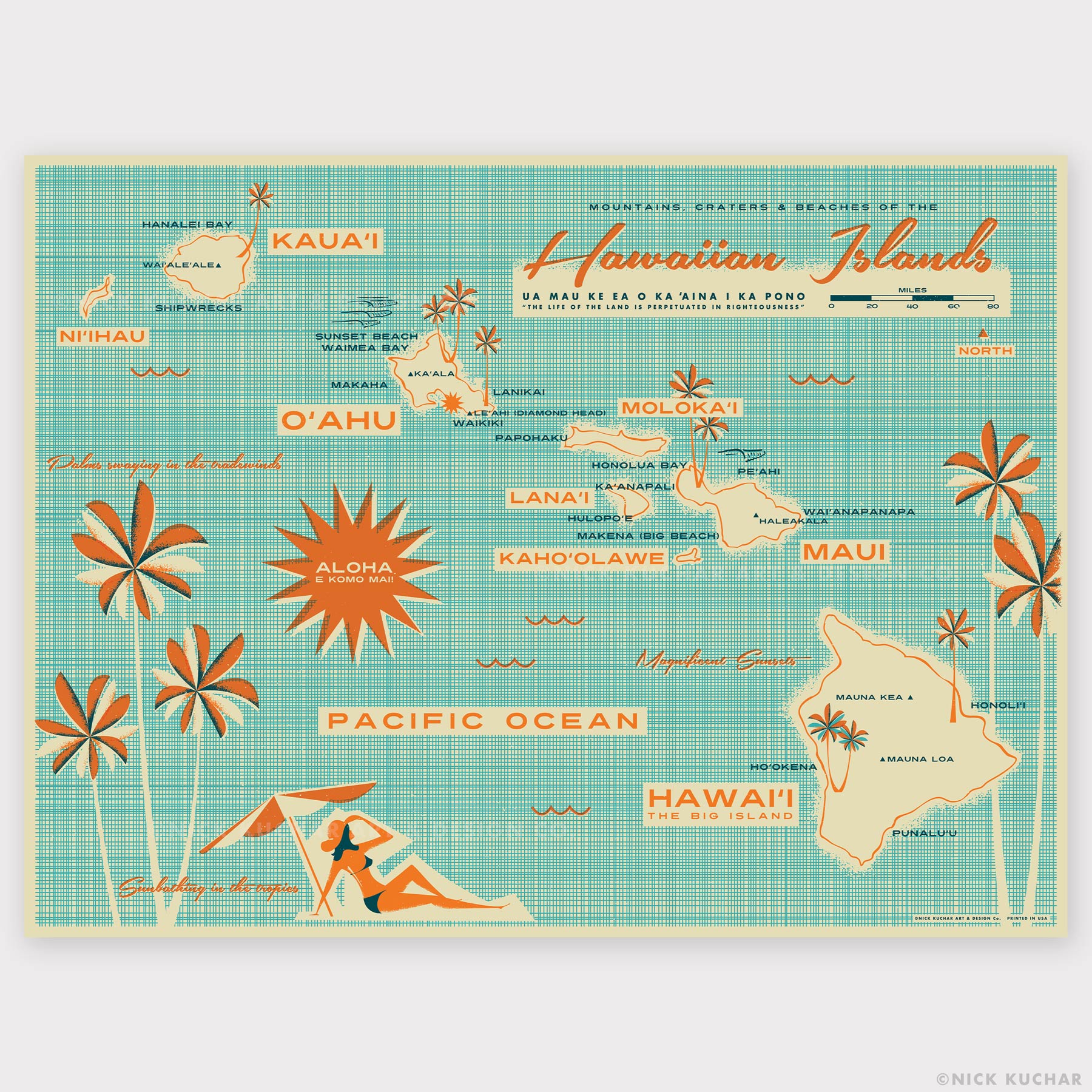 Mid century modern screen printed map of the Hawaiian Islands - 18x24 - Nick Kuchar Shop