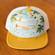 yellow foam trucker hat with surfer and hawaii art