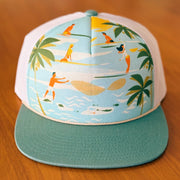 teal foam trucker hat with surfer and hawaii art