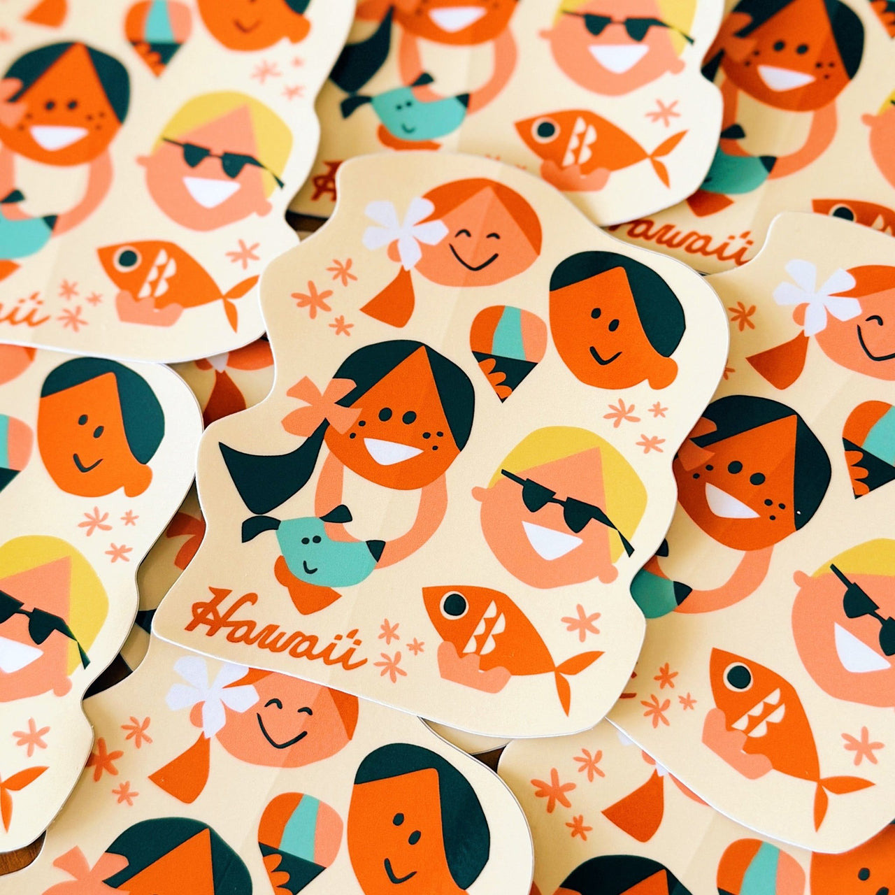 Sticker design with people, kids and fish, featuring the word 'Hawaii'.