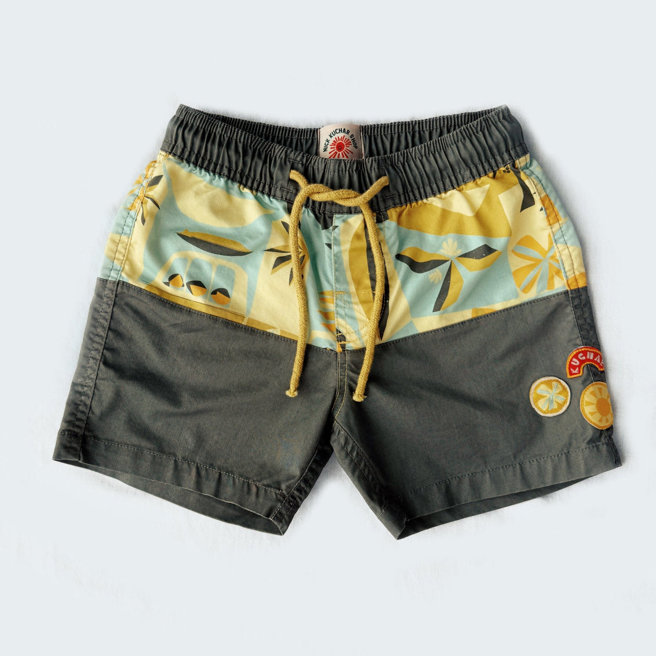 Children's shorts with a colorful pattern on a white background